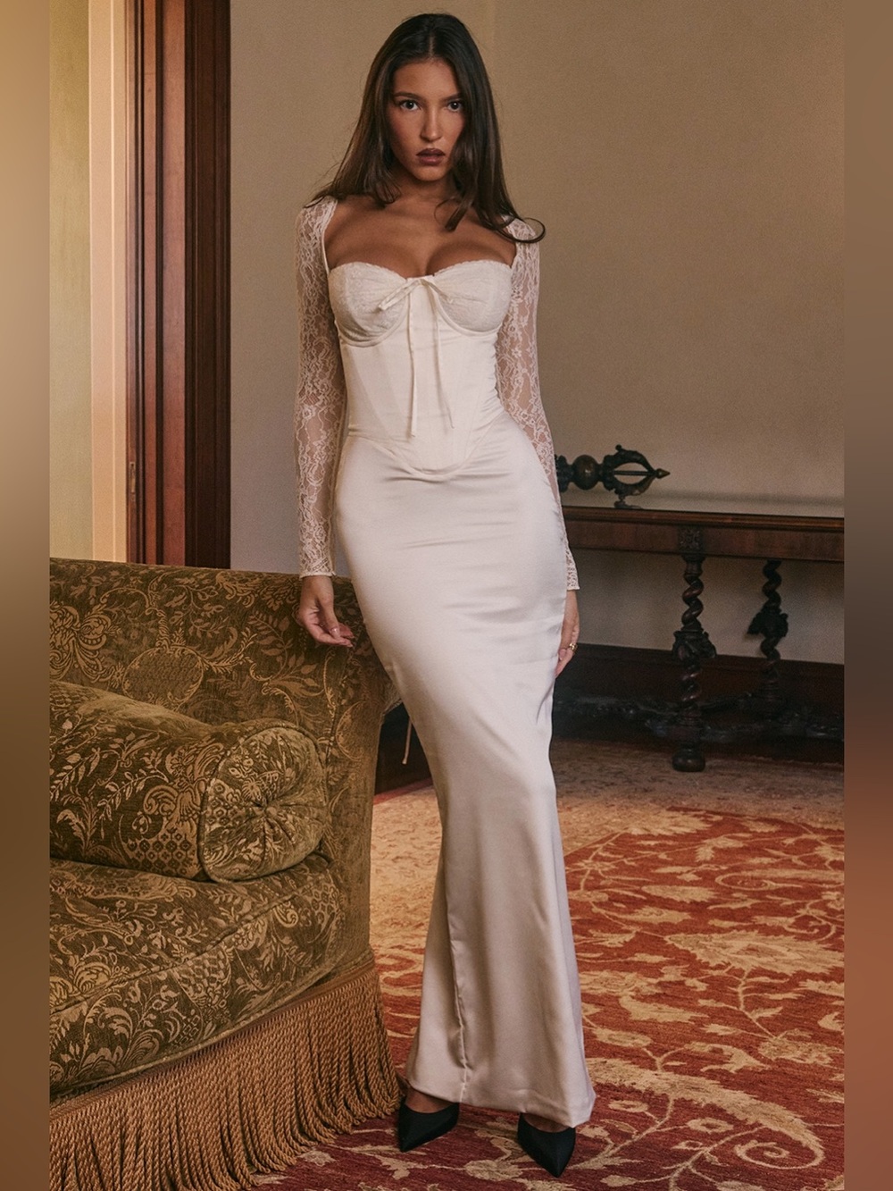 House of CB Perdi Vintage Ivory Satin Maxi Dress - Picture 2 of 13